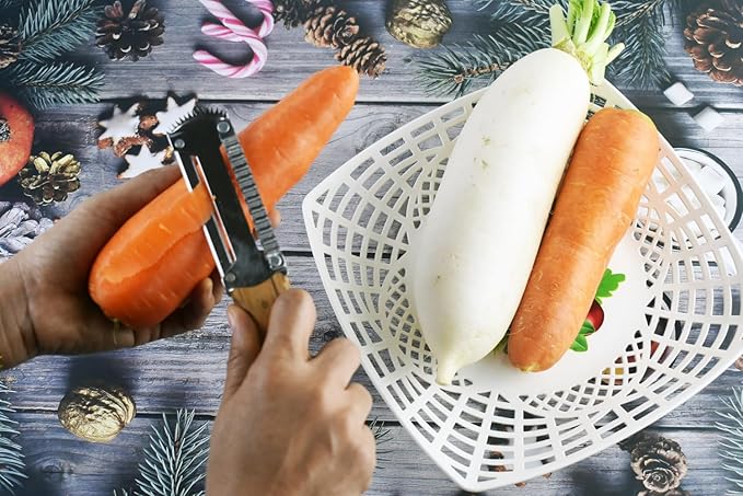 3-in-1 Kitchen Peeler, Scrabber & Grater: a cutting tool with a serrated blade and a Wooden Handle for Vegetable scraping potatoes Carrots and Coconut