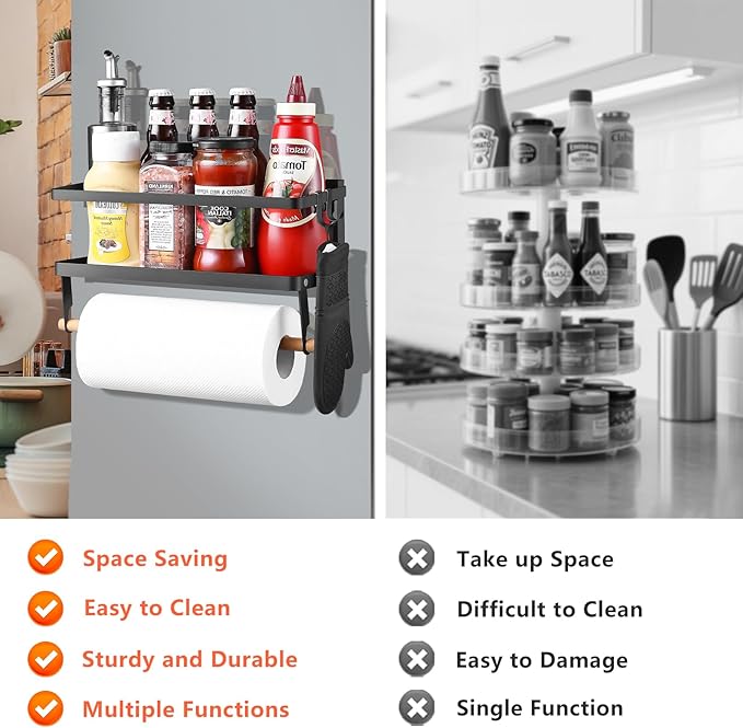 Magnetic Paper Towel Holder for Fridge, Magnetic Spice Rack for Refrigerator, 2-in-1 Foldable Shelf for Side of Refrigerator, Kitchen Countertop Organizers and Wall Mount Storage