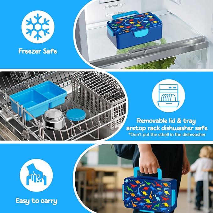 Dinosaur Bento Lunch Box for Kids – 12 oz Stainless‑Steel Soup Thermo & 3‑Compartment Leak‑Proof Food Container with Built‑In Ice Pack, Insulated Food Jar for Boys & Girls, School & Travel