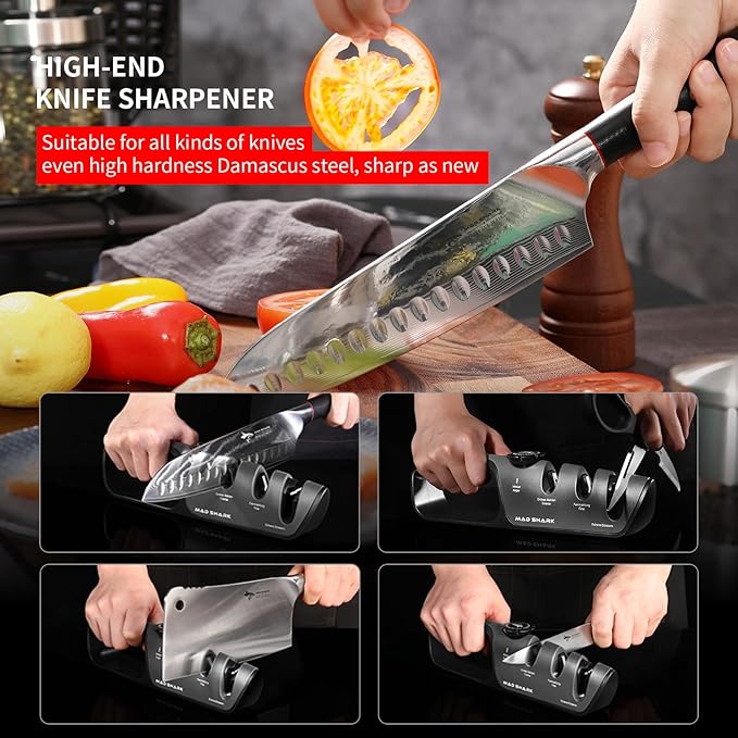 MAD SHARK Knife Sharpener, 6 Adjustable Sharpening Angle, Coarse & Fine Knife Sharpener Tool, Handheld Manual Knives Sharpener for Precision Kitchen Knives, Pocket, Scissors, Black