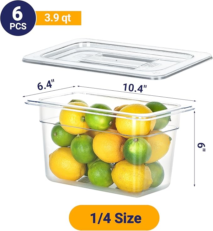 6 Pack NSF Food Pans with Lids, 1/4 Size 6'' Deep Commercial Food Storage Containers, Polycarbonate, Clear