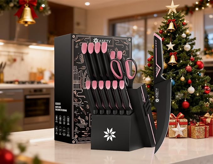 Knife Set - 15 PCS Kitchen Knife Set with Built-in Knife Sharpener Block - Stainless Steel Knife Block Set - Dishwasher Safe, Elegant Box for Men Women, Pink
