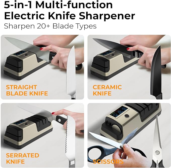 Electric Knife Sharpener for Kitchen Knives, LCD Display, 5-in-1Professional Knife Sharpener with Adjustable Speed, Diamond Wheel & Ceramic Rod, Gold