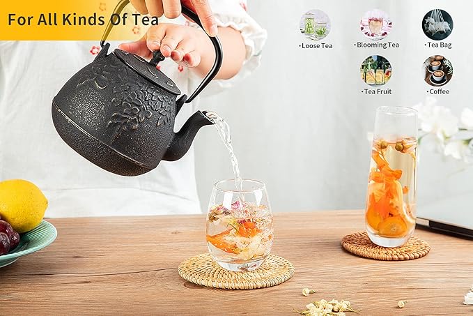 Toptier Tea Kettle for Stove Top, Cast Iron Teapot Stovetop Safe with Infusers for Loose Tea, 54 oz, Black