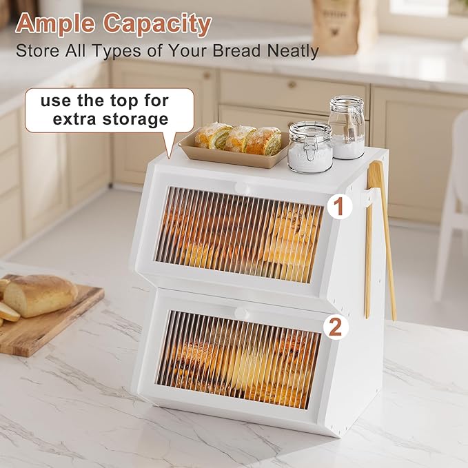 WOWLIVE Double Layer Bread Box for Kitchen Countertop, Large Bamboo Bread Storage Container for Homemade Bread, Farmhouse Bread Holder for Kitchen Counter Cabinet, Pantry, Cupboard (White, Medium)