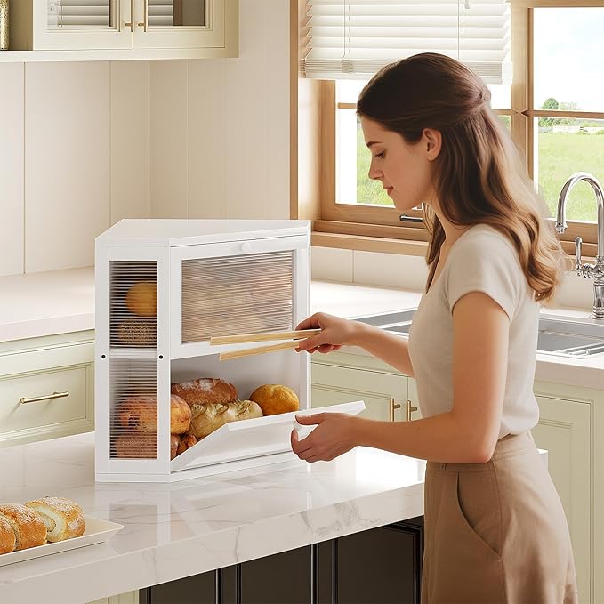 WOWLIVE Corner Bread Box for Kitchen Countertop, Double Layer Bamboo Bread Storage Container, Large Farmhouse Bread box with Acrylic Wavy Door Panel, Under Cabinet Organizer (White, Medium)