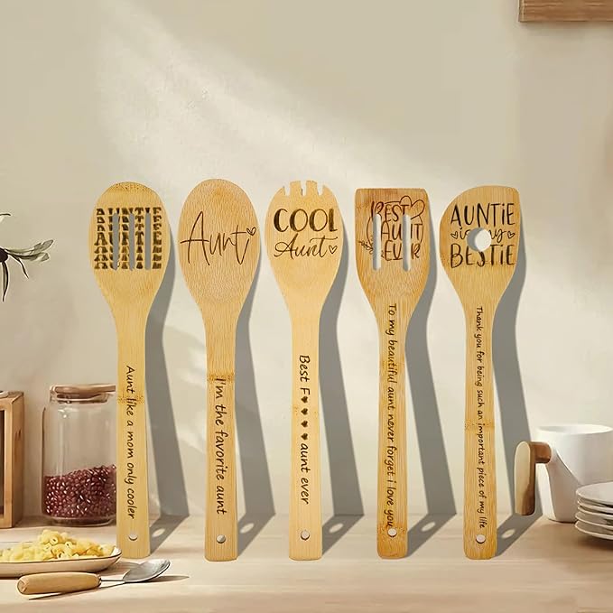 Aunt Gifts,Gifts for Aunt from Niece & Nephew,Best Aunt Ever Gifts,Birthday Gifts for Aunt,Great Aunt Gifts,Kitchen Gifts for Aunt Unique,Gifts for New Aunt,To Be Aunt,5PCS Aunt Wooden Cooking Spoons