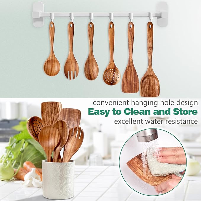 Wooden Spoons for Cooking, 6-Piece Natural Teak Wood Cooking Utensils Set – Wooden Kitchen Utensils Set with Smooth Finish Comfort Grip, Nonstick Safe Non-Toxic Wooden Cooking Tools by