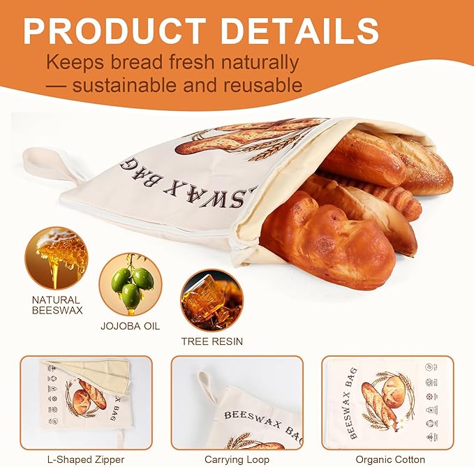 2 Pack Beeswax Bread Bags for Sourdough with L - Shaped Zipper Designed, Large Reusable Sourdough & Homemade Bread Bags - Easier to Use and Clean | Keep Food Freshness Longer