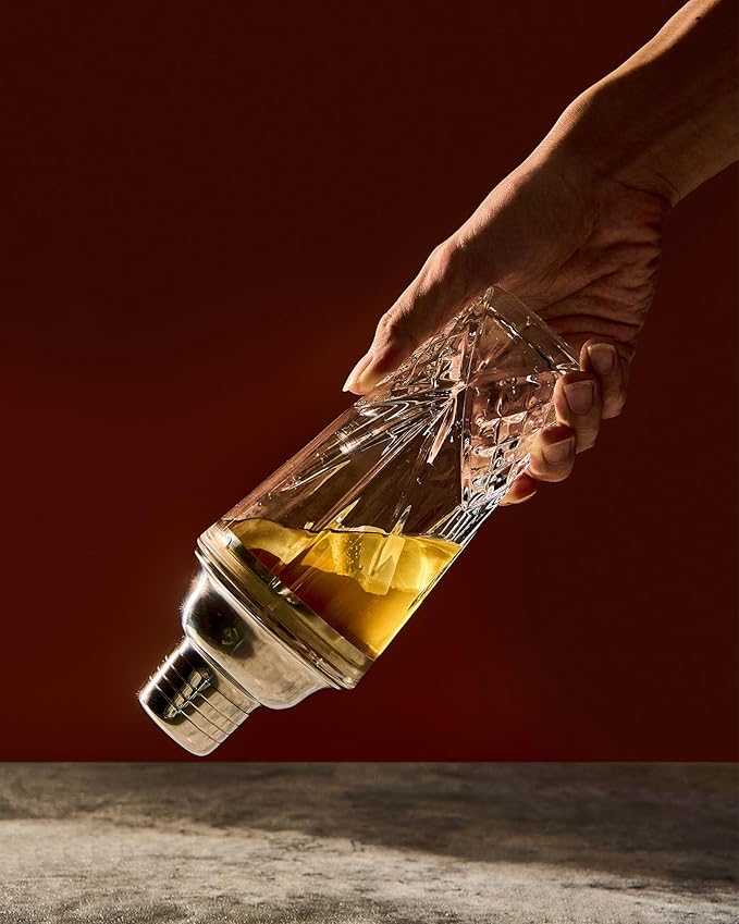 Glass Cocktail Shaker, 15oz Cutting Design - Exquisite Martini Shaker for Elevated Mixology. Perfect for Crafting Artisan Cocktails, Martinis. (Including Drink Shaker & Gold Pour Spout)