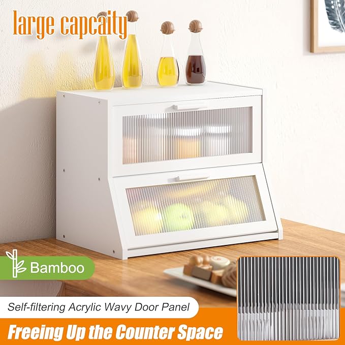 GHWIE Double Layer Bamboo Bread Box for Kitchen Counter,Large Capacity Bread Storage Bin,Bread Container with Acrylic Wavy Door Panel (White, Medium)