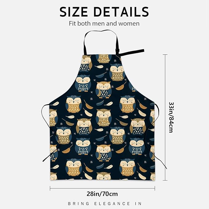 Adorable Owl Apron for Women Men, Cooking BBQ Chef Polyester Lightweight Playful Cartoon Bird Aprons with Pockets for Baking Kitchen Gardening Cleaning, Adjustable Neck Strap, 28×33inch