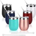 Qtencas 6 Pack Stainless Steel Wine Tumbler Wine Glass, 12 Oz Double Wall Vacuum Insulated Stemless Wine Tumbler with Lid Straw, Set of 6 Cups for Wine, Coffee, Cocktail, Ice Cream, Mix Color