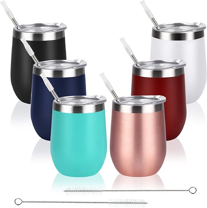 Qtencas 6 Pack Stainless Steel Wine Tumbler Wine Glass, 12 Oz Double Wall Vacuum Insulated Stemless Wine Tumbler with Lid Straw, Set of 6 Cups for Wine, Coffee, Cocktail, Ice Cream, Mix Color