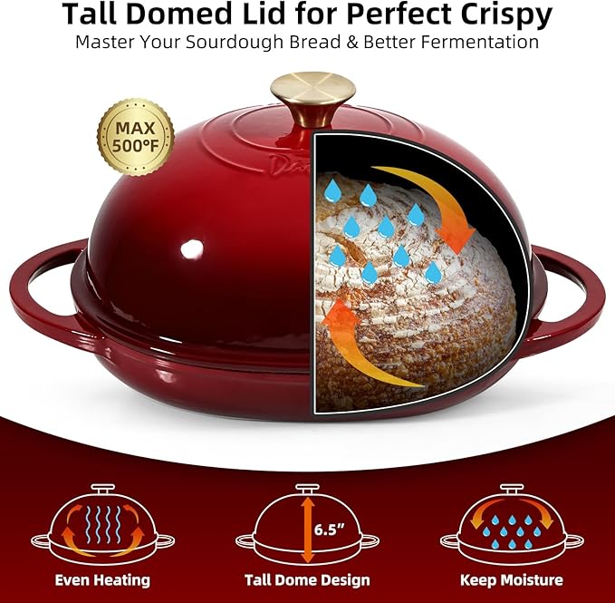 Davivy 6QT Oval Cast Iron Dutch Oven with Domed Lid, Bread Dutch Oven for Sourdough Bread Baking, Enameled Oval Sourdough Bread Loaf Pan 6QT, Bread Cloche Sourdough Pan with Lid - Ruby Red