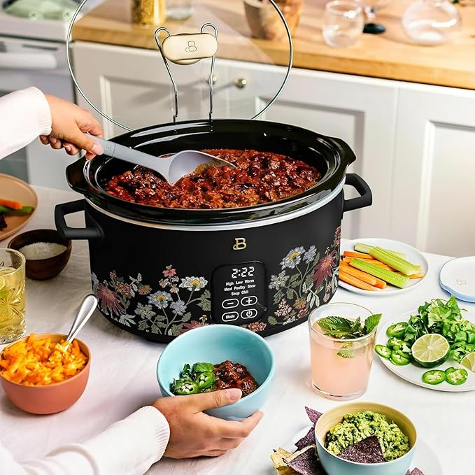 Beautiful 6 Qt Programmable Slow Cooker by Drew Barrymore - 5 Preset Cooking Functions, Digital Countdown Timer, Dishwasher-Safe Parts, and Cool-Touch Handles (Wildflower Black Sesame)