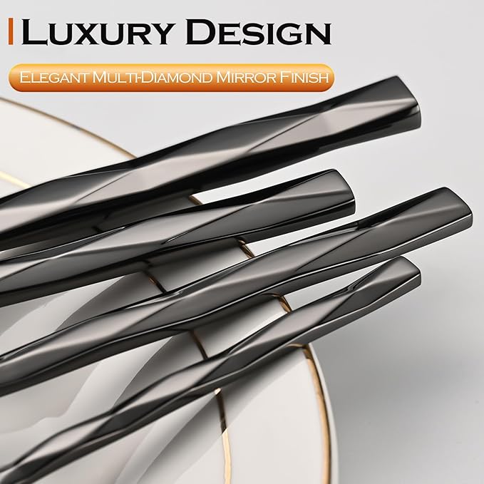 Black Silverware Set, Luxury 20-Piece Flatware Set for 4, Cutlery Set Stainless Steel, Diamond Cut Pattern, Home, Wedding & Party, 18/10 Stainless Steel Tablewaret & Dishwasher Safe Utensils.