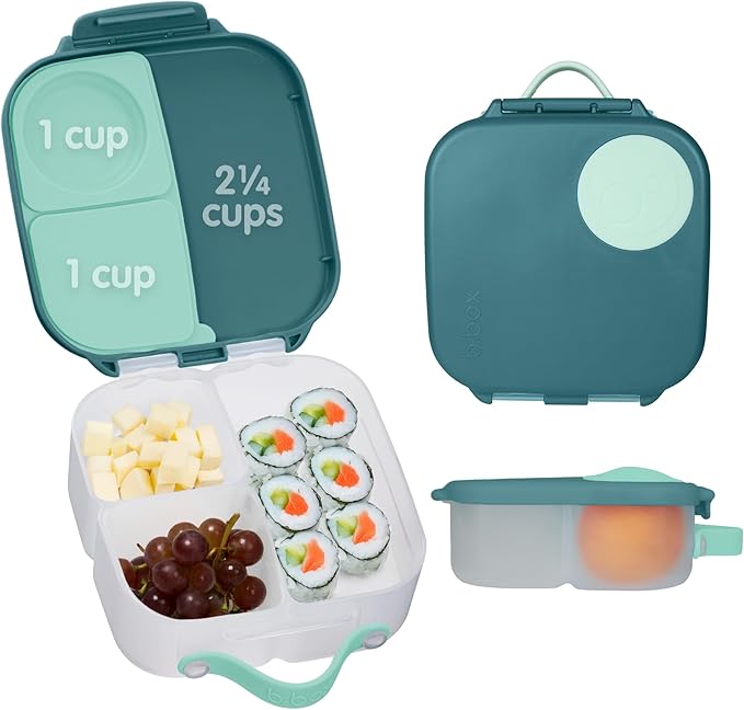 b.box Mini Lunch Box for Kids: Lunch Snack Container with 2 Leak Proof Compartments. Ages 3+ School Supplies, BPA Free (Emerald Forest, 4¼ cup capacity)
