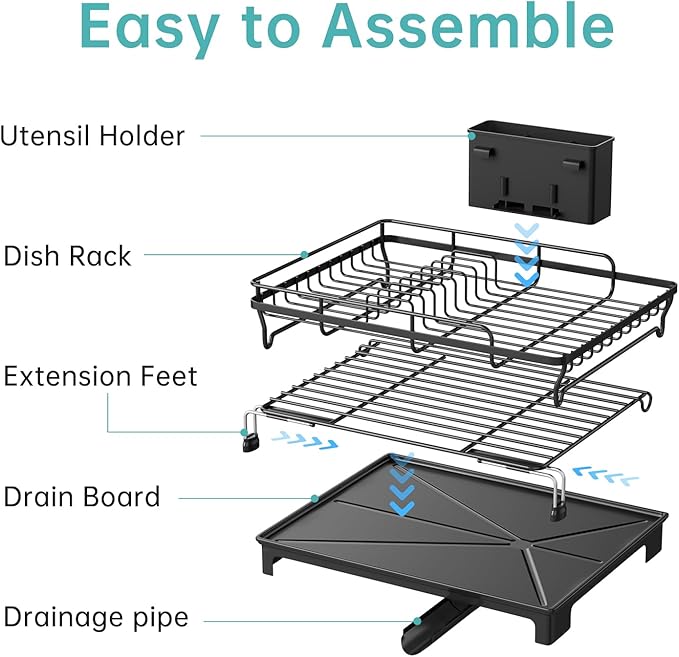 Simple Trending Dish Rack, Extendable Sink Dish Drying Rack for Kitchen Counter, Large Anti-Rust Dish Drainer with Utensil Holder, Black
