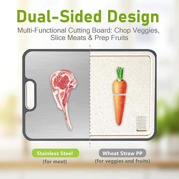 FIRE HIVE Upgraded Universal High Hardness Stainless Steel & Platycodon PP Material Double-Sided Cutting Board, Suitable for Non-toxic Cutting Boards with Juice Troughs for Home and Kitchen Use
