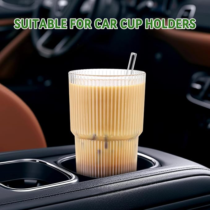 20 oz Glass Cups and Straw 2 Set, Glass Tumbler with Straw, Vintage Glassware for Whiskey Cocktail Beer, Iced Coffee Cups (2 PACK)