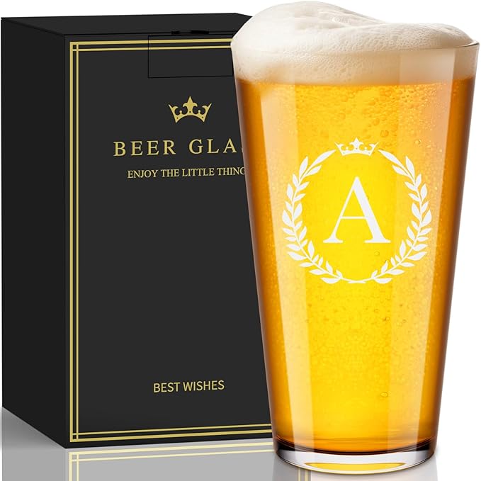 Personalized Beer Glasses Gifts for Men, 16 oz Pint Glasses Monogrammed A-Z Drinking Glass Cups Customized Gift, Unique Christmas Anniversary Birthday Gifts for Men Him Dad Brother Husband Grandpa (A)