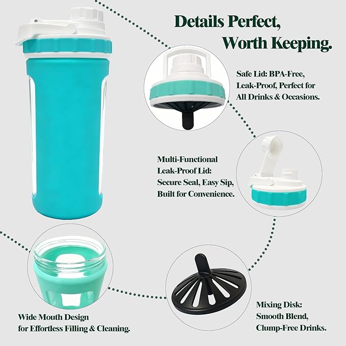Glass Shaker Cup Odorless BPA Free– Glass Shaker Bottle for Protein 26oz Durable Borosilicate Glass, Leak-Proof & BPA-Free – Ideal for Creamy Protein Shakes, Smoothies & Workout Drinks (Mint)