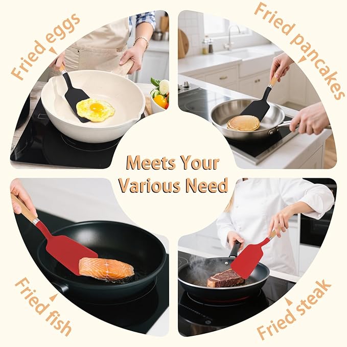 Silicone Spatula Turner, Heat Resistant Pancake Flipper Spatulas for Nonstick Cookware, Cooking Utensils with Wood Handle for Serving, Baking, Frying, Egg, Fish and Burger (2, Black and Red)