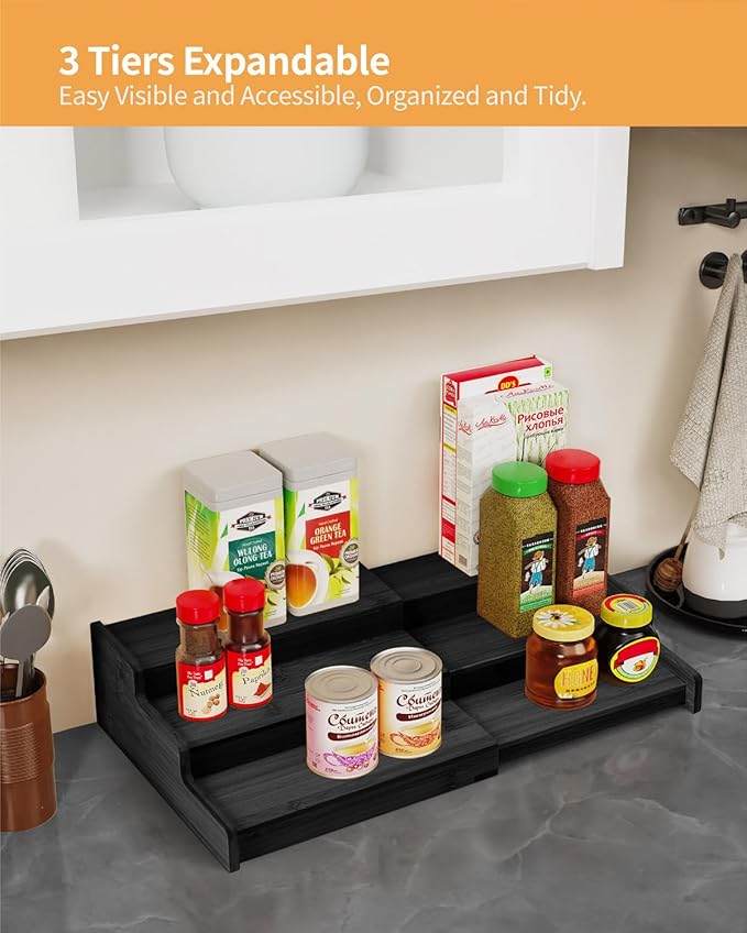 Spice Rack, 3-Tier Expandable Bamboo Spice Rack Organizer for Cabinet - Kitchen, Pantry and Cupboard Storage Organizer-Black