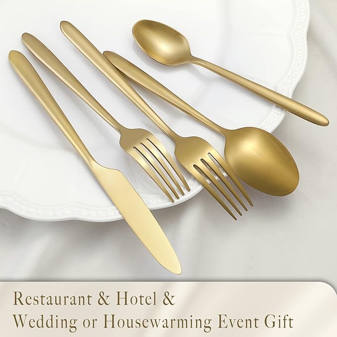 DEACORY Silverware Set Flatware Set Matte Gold Stain Polished Cutlery Set Brushed Finished Heavy Brass Drip Handle Stainless Steel 40 Pieces Dishwasher Safe Service for 8
