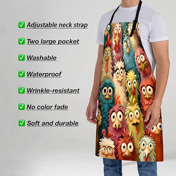 Cartoon Chickens Apron for Women, 28x33in, Kitchen Chef Aprons with 2 Pockets, Polyester, Colorful Chicken Faces Apron for Cooking BBQ Baking Gardening Chef, Gifts for Mom Wife Dad