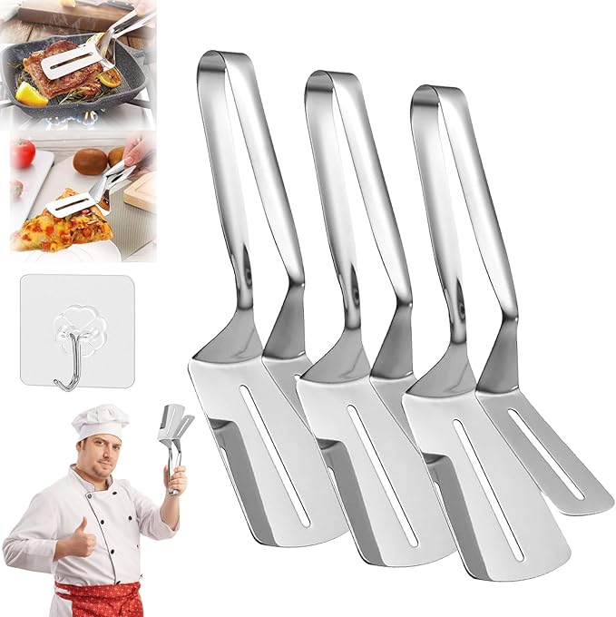 Stainless Steel Grill Clamp, 11.8 in Anti-Scald Extended Handle Spatula Tongs, Multifunctional Stainles Steels Double-Sided Food Flipping Spatula Tongs Clip, for Flipping Steak, Fish (3, A, Short)