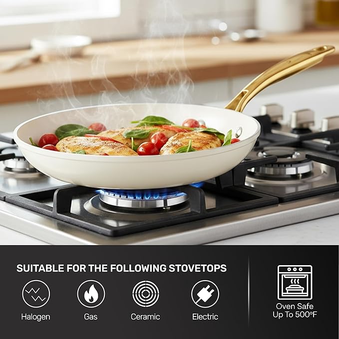 GOTHAM STEEL 12 Inch Nonstick Frying Pan, Diamond-Reinforced Ceramic, Dishwasher Safe, Cream White, PFOA Free