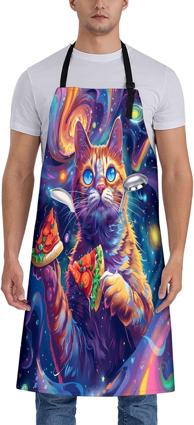 Cosmic Pizza Cat Apron for Women, 28x33in, Kitchen Chef Aprons with 2 Pockets, Polyester, Cute Cat Apron for Cooking BBQ Baking Gardening Chef, Gifts for Mom Wife Dad