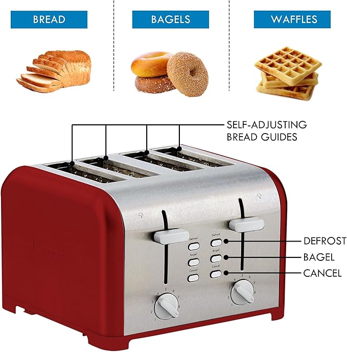 Kenmore toaster 4 slice - extra wide slot countertop kitchen appliance, defrost function, tostador de pan, 9 shade settings, compact design, easy clean crumb tray, bread bagel, stainless steel & Red