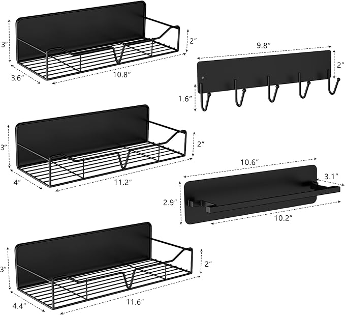 Magnetic Shelves for Washing Machine & Fridge Utentils Rack 5 Pack- Metal Heavy Duty Magnetic Shelf Magnetic Laundry Organizer with Hooks and Towel Holder for Magnetic Laundry Room Storage (Black)