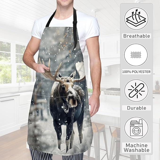 Moose Apron,Oxford Fabric Adjustable Kitchen Apron with 2 Pockets,Waterproof Cooking Aprons for Men Women Mom Wife Dad,Ideal Gifts for Coffee House,Shop,Baking,BBQ,Housewarming,28x33in