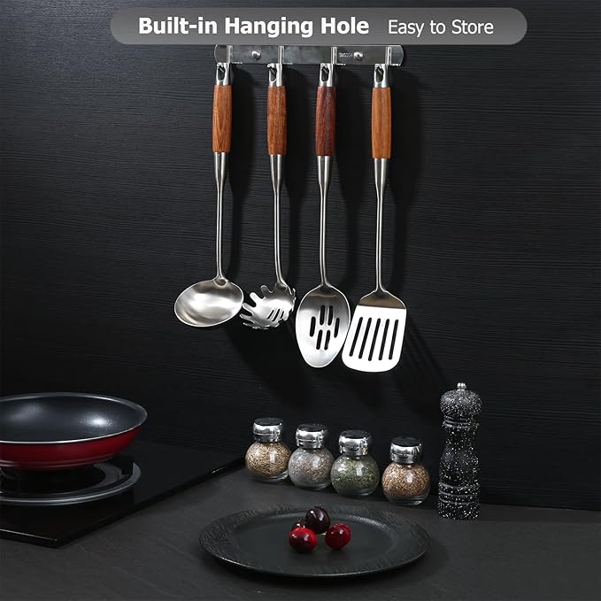 Cooking Utensil Set - 304 Stainless Steel Kitchen Utensils Sets with Wood Handle Cookware Set Utensils kitchen tool set Dishwasher Safe- Slotted Spatula, Pasta, Spoon, Soup Ladle Set 4pc