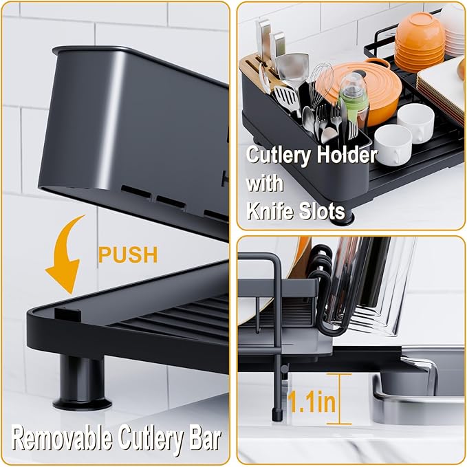 Expandable Dish Drying Rack, Dish Drying Rack for Kitchen Counter with Removeable Cutlery Holder, Double Rustproof & Sturdy Auto-Drain Multifunctional Organizer for Plates, Cups, Knife Fork Storage