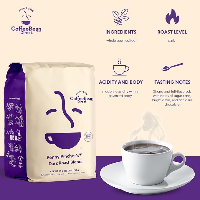 Coffee Bean Direct Penny Pincher's® Dark Roast Blend, Whole Bean Coffee, Dark Roast, 5 Pound Bag (Pack of 1)