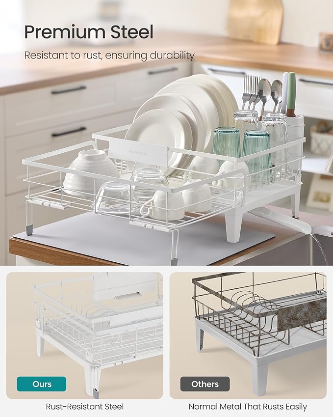 SONGMICS Dish Drying Rack, Kitchen Dish Rack, with Drainboard, 360° Rotatable and Extendable Spout, with Cutlery Holder, 12.2-22 x 16.5 x 7.9 Inches, Matte White and Dove Gray UKCS552W01