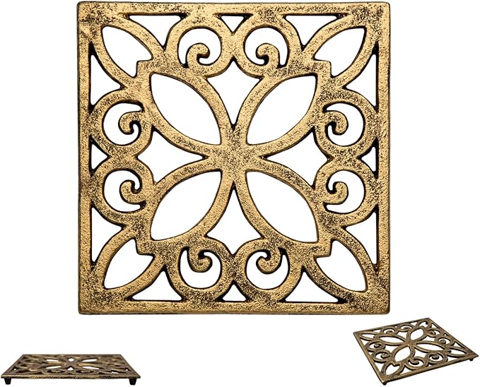 Comfify Decorative Cast Iron Trivet for Kitchen or Dining Table – Square with Vintage Pattern – 6.5" x 6.5" – Rubber Pegs – Recycled Rustic Metal – Gold with Black