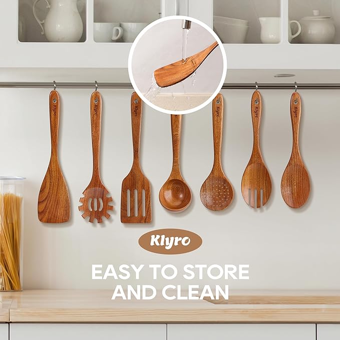 Kitchen Utensils Set, 7 Piece Premium Cooking Utensils Set, Durable Non-Stick Wooden Spoons for Cooking, Kitchen Essentials for New Home