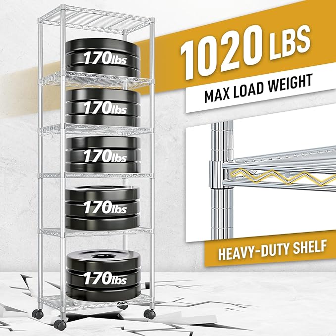 Karl home 6-Tier Storage Shelving with 1.5" Wheels,Adjustable NSF Metal Shelves Wire Storage Rack for Garage Kitchen Basement,1020LBS Capacity 72.83" H X 23.6" W X 13.78" D,Stainless S Hooks,Silver
