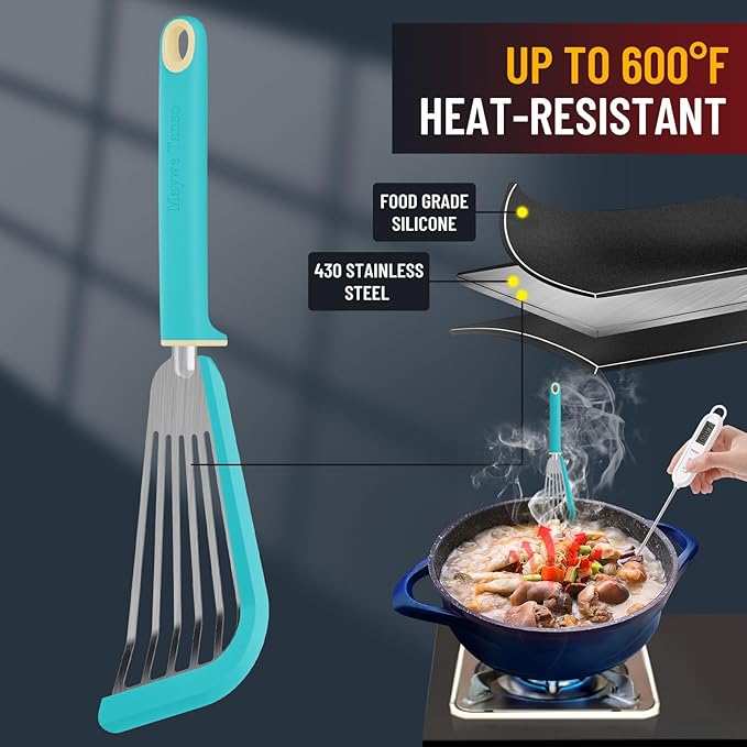 Fish Spatula,600℉ Heat Resistant Silicone Fish Spatula with Basting Brush,for Nonstick Cookware,Flexible Slotted Fishs Turner Spatulas,BPA Free,Dishwasher Safe(Aqua Sky)