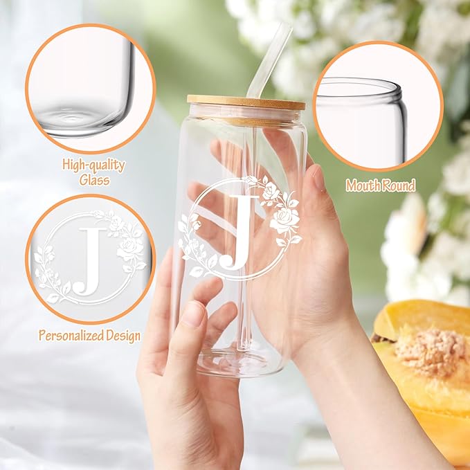 Birthday Gifts for Women, Monogrammed Initial Glass Cup Personalized Gifts for Women, 16oz Glass Cups with Lids and Straws, Iced Coffee Cup, Beer Can Shaped Glass - Gifts for Christmas, Birthday, J