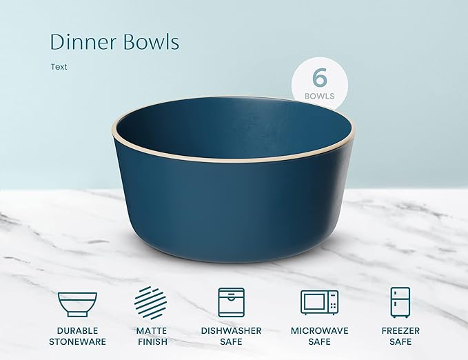 KooK Soup Bowls, Ceramic Bowls, for Cereal, Rice, Pasta and Dessert, Dishwasher and Microwave Safe, 6 Inch, Stoneware, 25 oz, Set of 6, Navy
