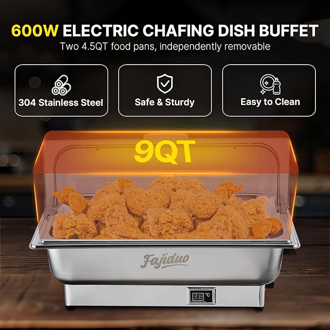 Electric Chafing Dish, 9QT Full Size Electric Chafing Dish Buffet, Adjustable Temp Roll Top Food Warmer, 600W Chafing Dish Buffet Set for Catering Parties