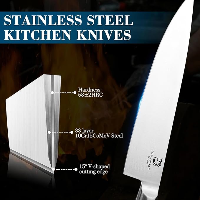DRAGON RIOT Knife Set with Wood Block - Stainless Steel Kitchen Knives Block Set with Built in Sharpener, Dishwasher Safe, Non-Slip Ergonomic Handle - Gift for Men Women and Housewarming