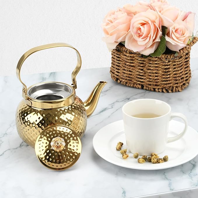 2L Hammered Tea Kettle, Stainless Steel Tea/Coffee Pot Loose Leaf Teapot for Tea, Milk, Coffee, 2L Teapot with Strainer Stovetop Tea Kettle, Outdoor Travel Supplies, Gift For Tea (Gold 2L)